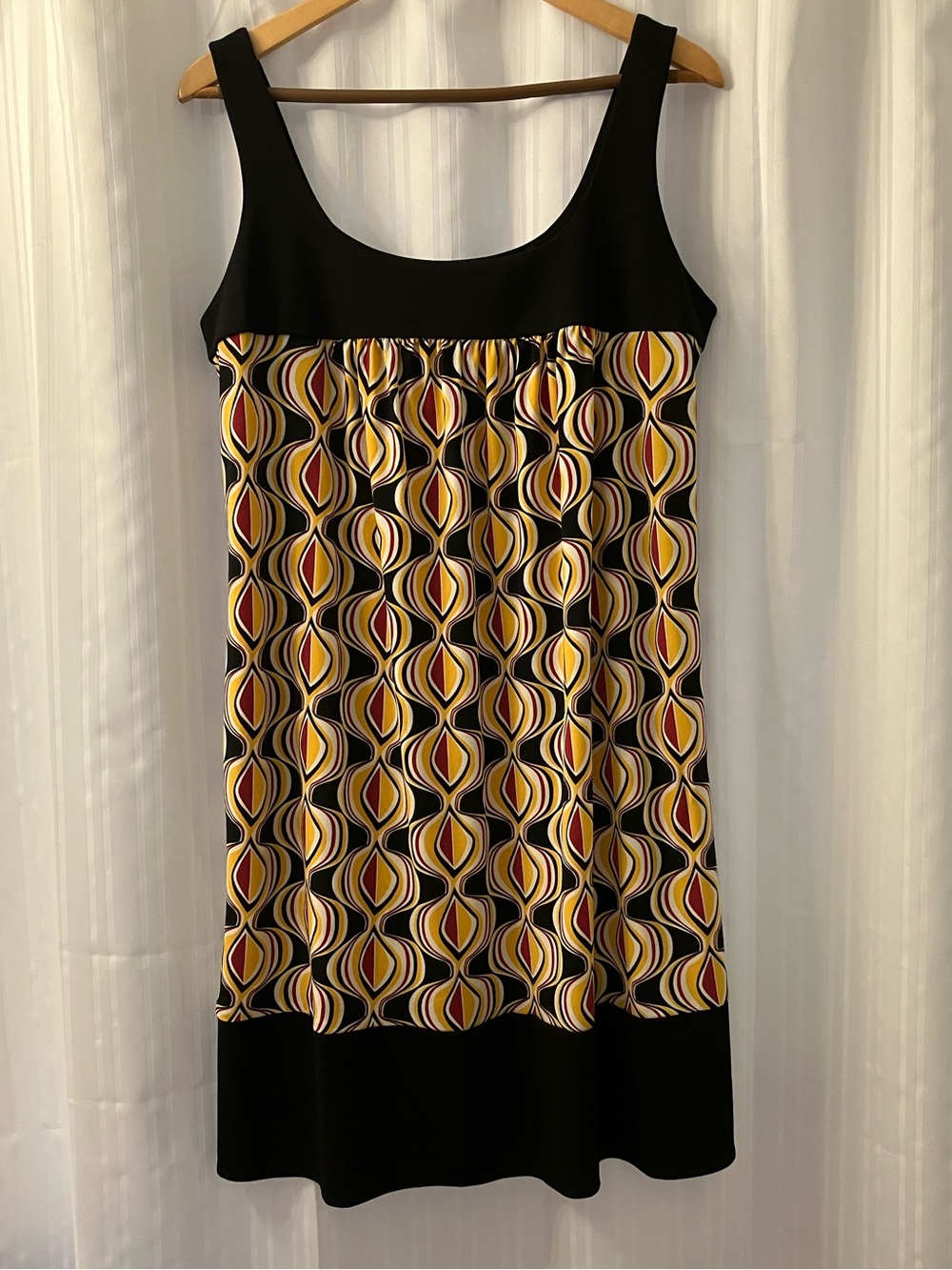 New York & Company Sleeveless Geometric Print Tank Dress in Black and Mustard